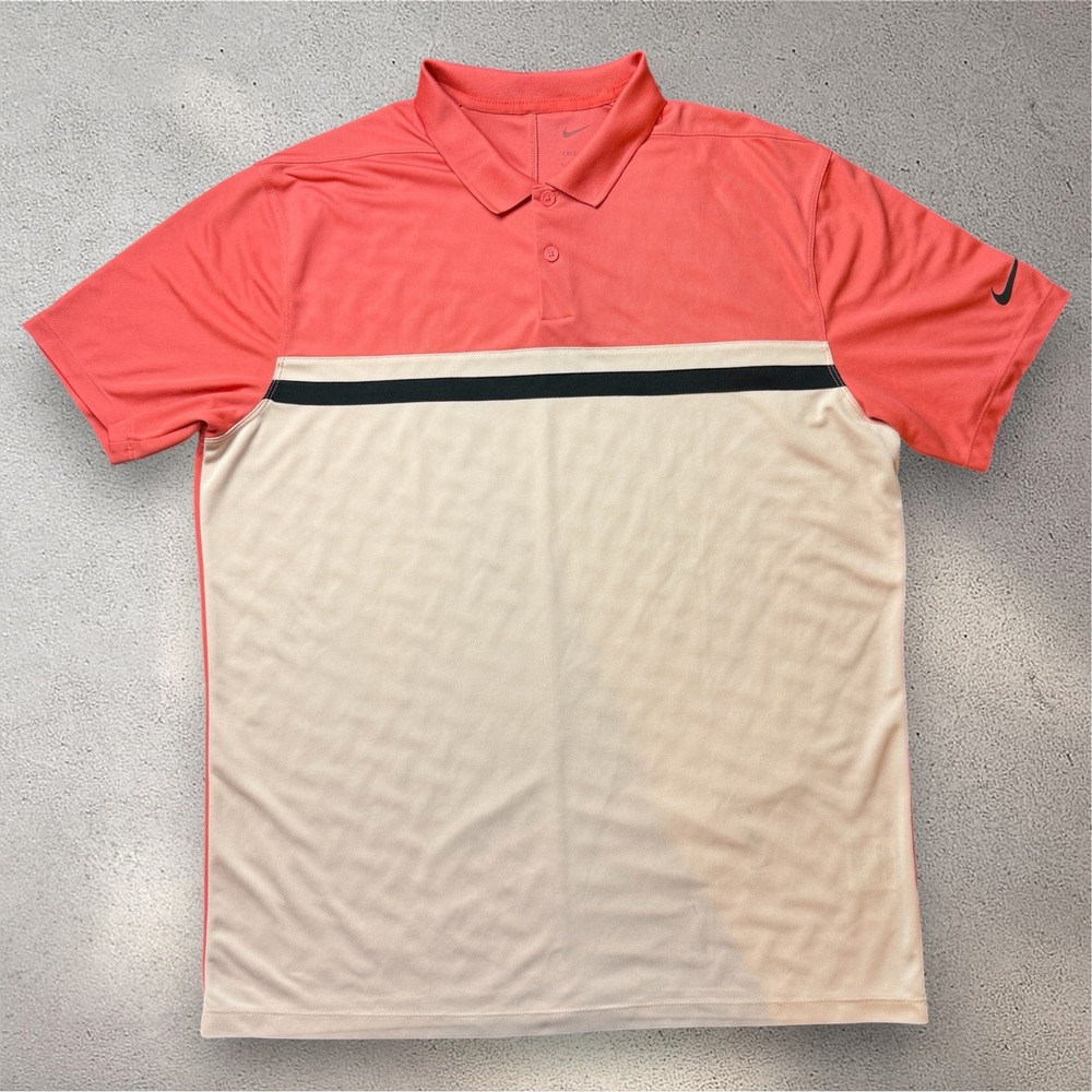 Nike Dri-FIT Golf Polo Shirt Mens Large Colorblock Coral Pink Cream Black Stripe